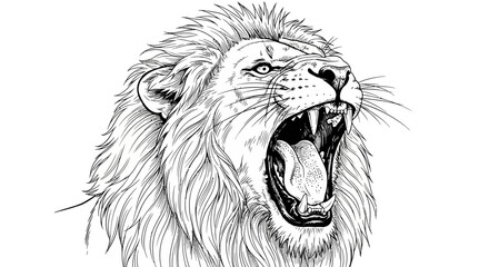Black and white line art sketch of a roaring lion profile view on white background © Mz