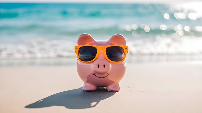 A cute piggy bank wearing sunglasses on a sandy beach during a relaxing summer bank holiday vacation