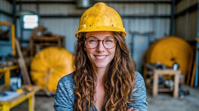 Smiling female engineer in yellow hard hat and glasses in industrial workshop