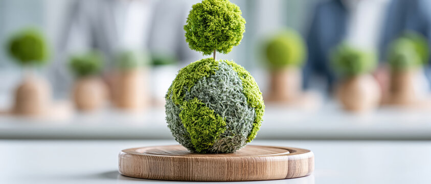 Green planet sustainable environmental meeting window office decoration moss sphere wooden stand minimal concept