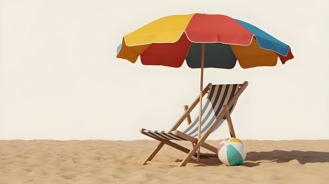 A striped deckchair and colorful umbrella on a sandy beach for a relaxing summer bank holiday vacation
