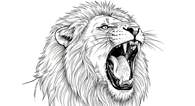 Black and white line art sketch of a roaring lion profile view on white background