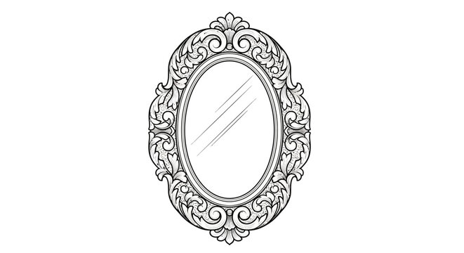 Black and White Line Art Sketch of an Oval Mirror with Ornate Decorative Frame