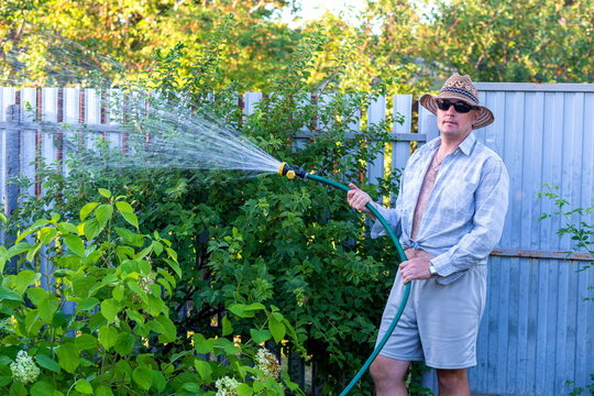 A mature man waters a plant at his dacha on a hot summer evening