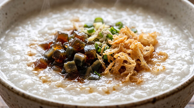 Warm Comforting Asian Rice Porridge Topped with Diced Century Egg, Crispy Fried Shallots, and Fresh Scallions