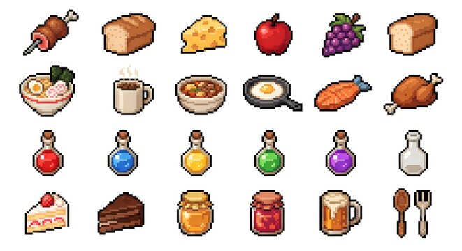 Set of retro pixel art food and potion icons including ramen bowl, roasted meat, bread, cheese, cake slice, coffee cup, honey jar, and cutlery isolated on white background