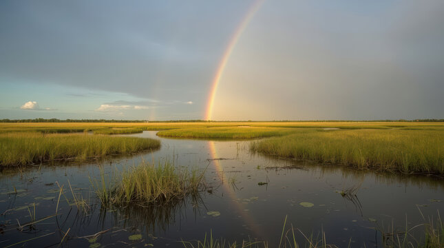 Rainbow marsh wetland reflection grass sky horizon peaceful natural scene