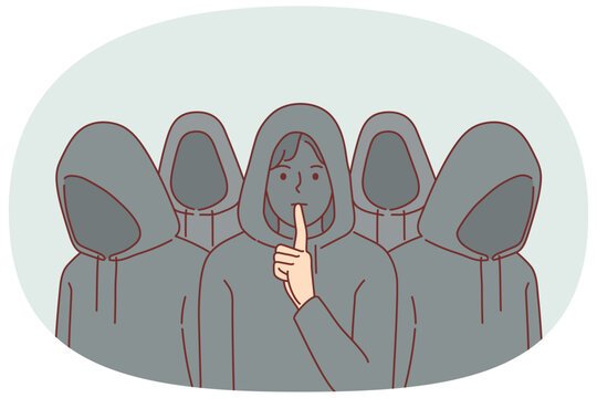 Group of hackers in hoods makes tss gesture, trying to commit cyber crimes without unnecessary noise