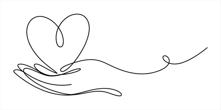 Continuous single line drawing of a human hand holding a heart symbol representing love care support and kindness in a minimalist artistic style