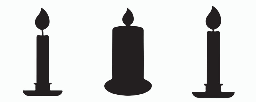 Minimalist black silhouette set of burning candles in various classic styles isolated on a white background. Ideal vector icons for religious ceremonies, memorials, meditation, wellness, home d&eacute;cor,