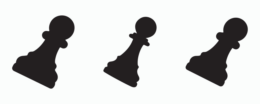 Collection of black chess pawn silhouettes in multiple styles isolated on a white background. Minimalist vector icons perfect for chess games, strategy concepts, board games, education, tournaments, 
