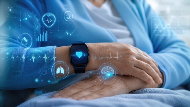 Elderly person wearing a smartwatch displaying heart data with holographic health metrics and ECG overlays for remote vital sign monitoring