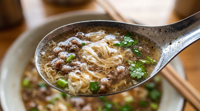 Traditional West Lake Beef Soup with Egg Drop Ribbons, Minced Beef, and Fresh Cilantro served in Metal Spoon