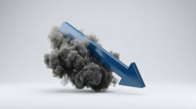 Blue arrow pointing down with explosion of smoke isolated on white background
