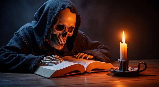 Eerie Reaper Reads by Candlelight: Skull, Shadow & Flame Glow