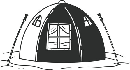 Black and white line of a dome tent with a window and curtains, flanked by two poles, set on a frozen surface for winter © safowan