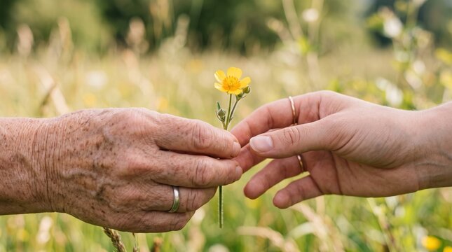 Close up shot of older person and young person hands holding yellow flower in summer meadow with connection, generations