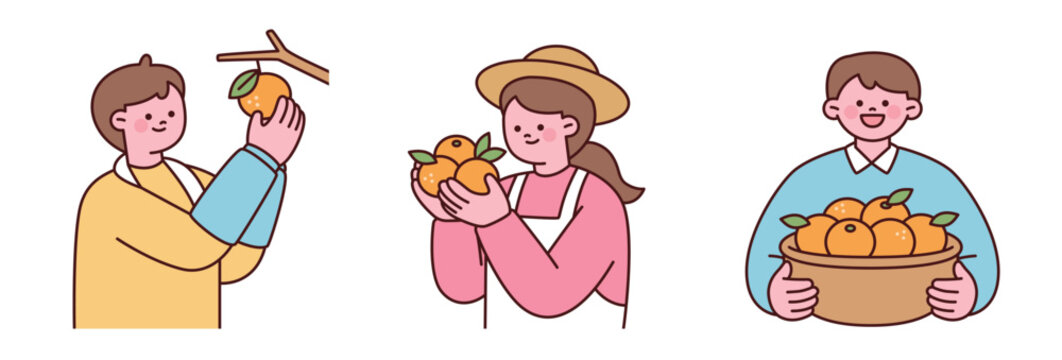 Cute citrus farmer characters harvesting and holding fresh oranges. Orange farming and fruit harvest concept in outline vector illustration.