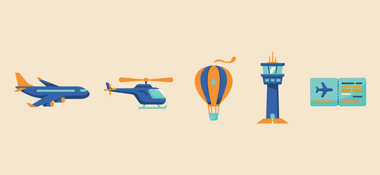 Air travel transportation icon set with airplane helicopter hot air balloon airport tower and boarding pass