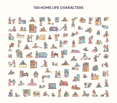 100 home life characters showing daily routines, housework, self care, cleaning, cooking, reading, healthy habits and home activities in cute outline vector style.