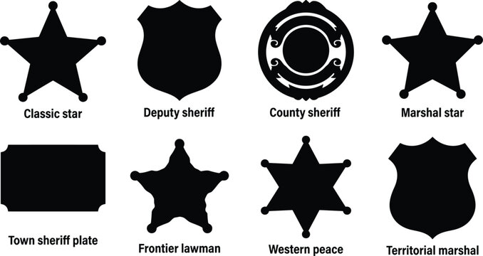 Collection of black silhouette icons featuring classic western sheriff stars, deputy badges, and lawman shields.