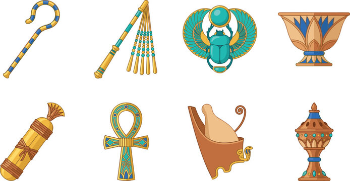 Colorful vector set of ancient Egyptian symbols and artifacts including ankh, scarab beetle, and pharaoh regalia.