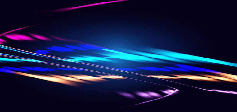 Abstract Neon Light Speed Motion Background with Futuristic Colorful Energy Trails.