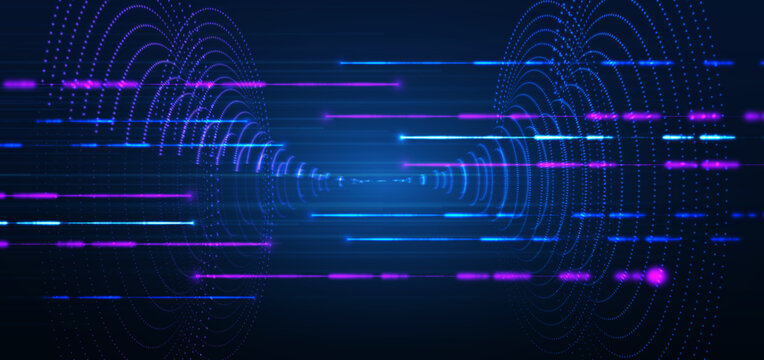 Abstract Futuristic Data Tunnel Background with Neon Light Trails and Digital Wave Rings.