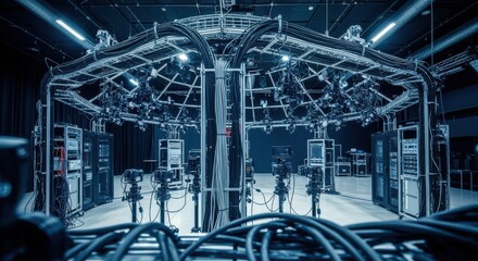 Fototapeta premium Cable management and hardware setup for camera arrays forming a dome around a central performance area in VR motion capture studio.