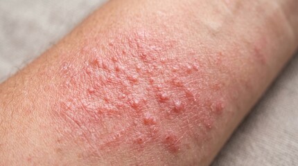 Fototapeta premium Close up of an arm skin showing signs of a red allergic reaction with small bumps and dry texture dermatitis close-up