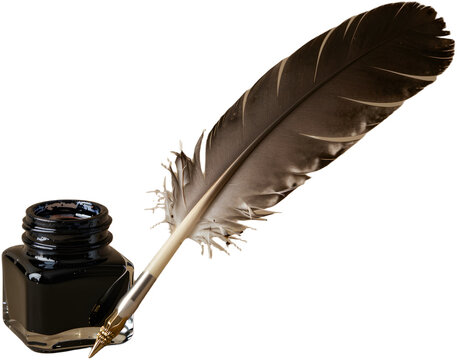 Classic quill pen and inkwell on brown background
