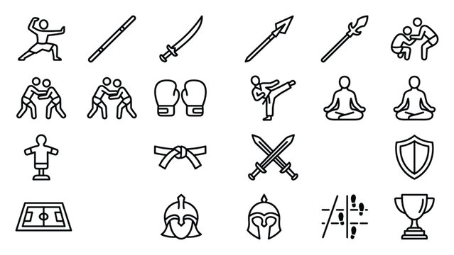 15 august india independence day martial arts vector set, kalaripayattu warrior sword spear wrestling boxing karate yoga gladiator shield line art icons for patriotic combat heritage design