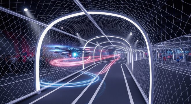 Innovative indoor drone racing environment showcasing elastic net rigging designed to absorb impact while maintaining clear racing lanes.