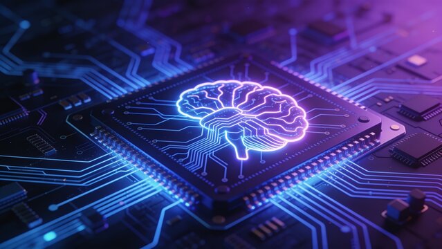 Abstract 3D illustration of neuromorphic computing chip
