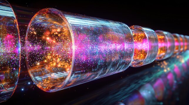 Quantum tunnel effect visualization with transparent energy barriers particle streams brilliant light cascades multiple tunneling events quantum field fluctuations density