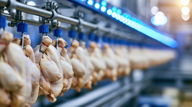 Raw Chicken Carcasses Hanging on an Assembly Line in a Modern Food Processing Plant
