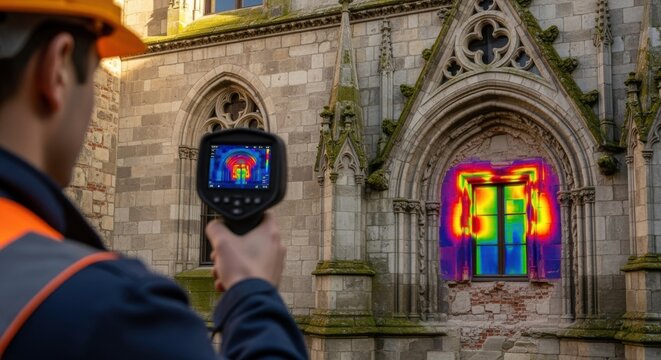 Thermalimaging survey identifying structural heat anomalies on a historical building exterior aiding restoration planning.
