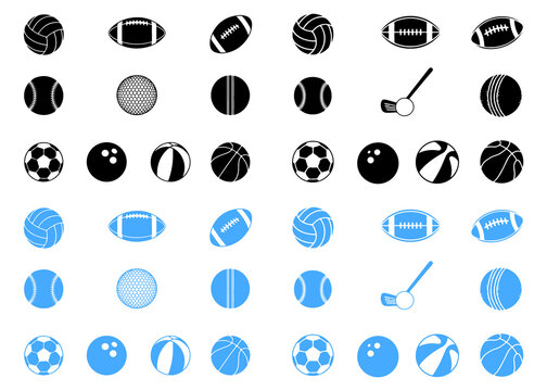 Collection of black and blue sports balls and equipment on white background