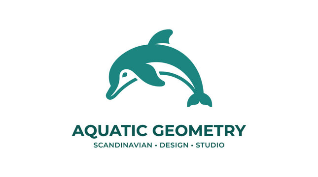 Minimalist teal dolphin logo design for aquatic geometry Scandinavian design studio.