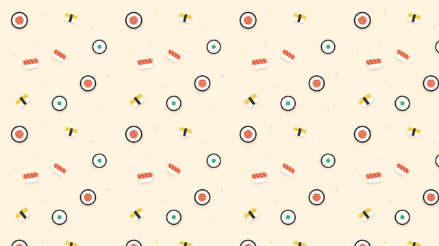 Animated seamless sushi pattern background loop with floating maki and nigiri vector motion graphic in 4K