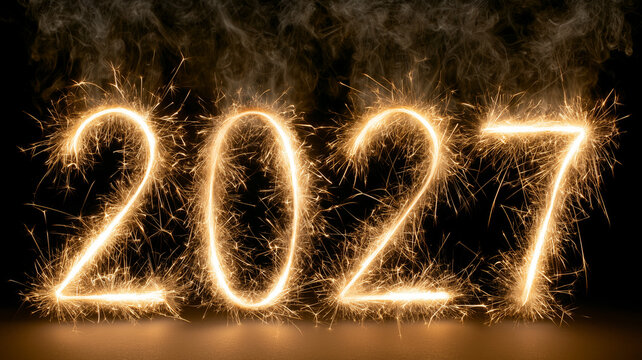 A horizontal composition showcasing four golden sparkler candles in the shape of the year 2027. Ai generated