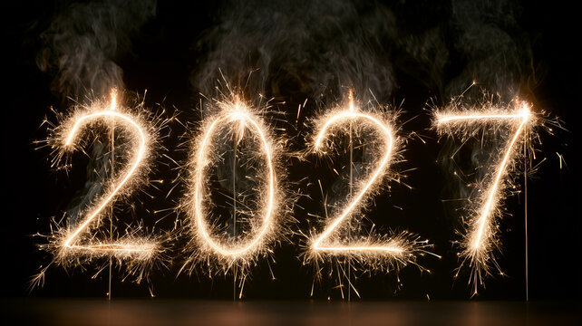 A horizontal composition showcasing four golden sparkler candles in the shape of the year 2027. Ai generated