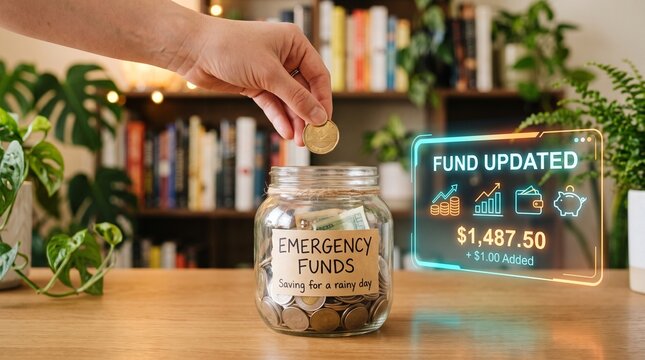 Hand dropping gold coin into glass emergency funds jar with digital neon interface displaying financial growth for future savings goals