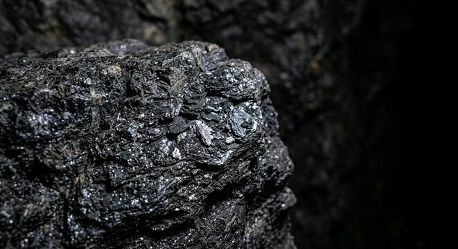 Natural graphite ore inside underground mine, macro close-up