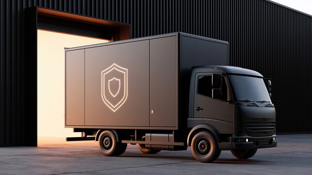 Secure Black Box Truck with Shield Symbol for Safe Delivery and Logistics Services