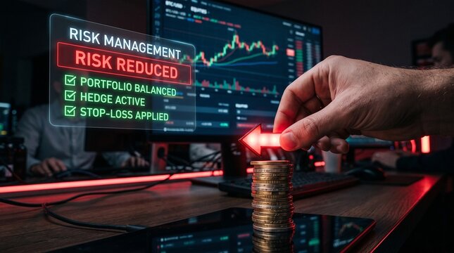 Professional trader managing financial risk with a digital holographic arrow above stacked gold coins in a dark office setting tonight