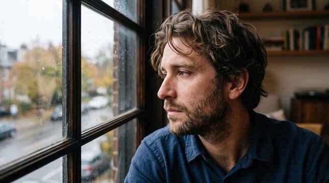 Pensive man looking out of a window at a rainy city street feeling lonely and deep in thought with thoughtful, outdoors