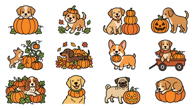 Cute Puppies with Pumpkins - Autumn Dog Illustrations