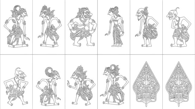 Indonesian Wayang Kulit Shadow Puppets Line Art Collection