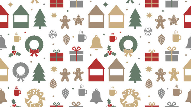 Festive Christmas Pattern Featuring Gifts, Trees, Bells, and Wreaths for Holiday Decor.